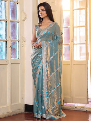 Metallic Blue Zari Embroidered Embellished Tissue Saree