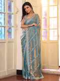 Metallic Blue Zari Embroidered Embellished Tissue Saree