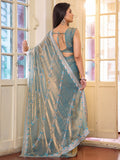 Metallic Blue Zari Embroidered Embellished Tissue Saree