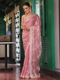 Pink Embellished Embroidered Tissue Saree