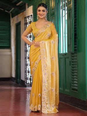 Yellow Embroidered Heavy Work Saree With Blouse Piece
