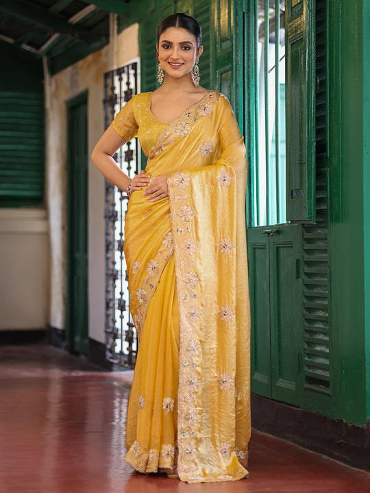Yellow Embroidered Heavy Work Saree With Blouse Piece