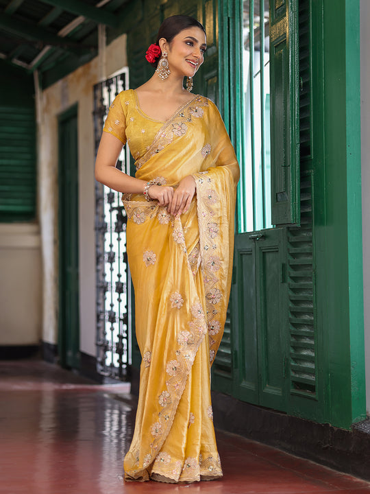 Yellow Embroidered Heavy Work Saree With Blouse Piece