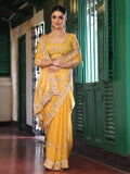 Yellow Embroidered Heavy Work Saree With Blouse Piece