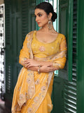 Yellow Embroidered Heavy Work Saree With Blouse Piece