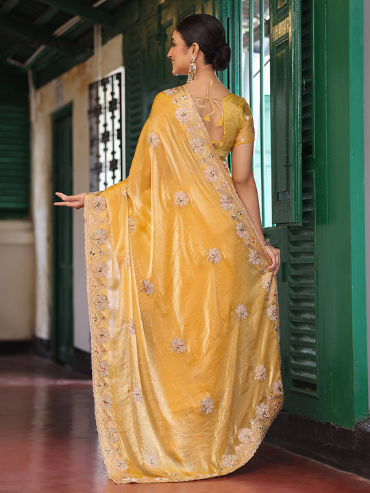 Yellow Embroidered Heavy Work Saree With Blouse Piece