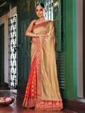 Beige And Red Ethnic Motifs Embroidered Satin Saree