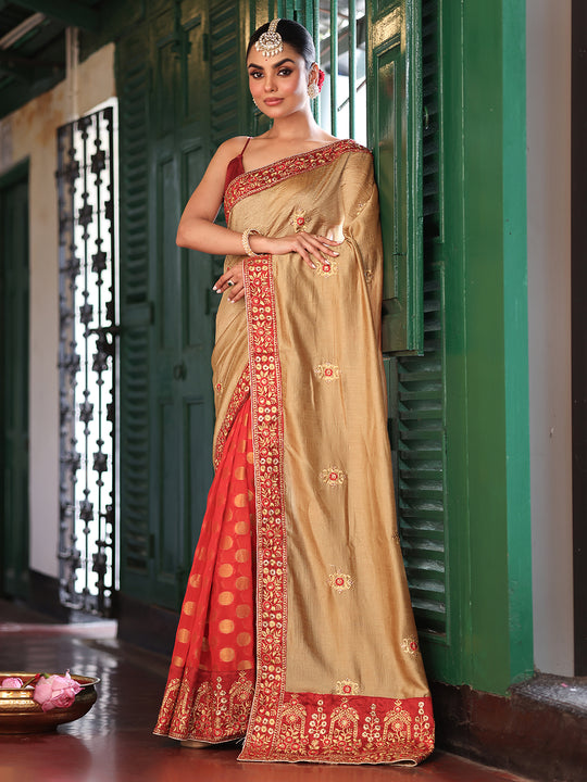 Beige And Red Ethnic Motifs Embroidered Satin Saree