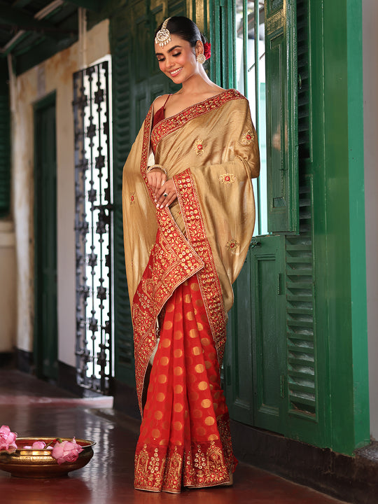 Beige And Red Ethnic Motifs Embroidered Satin Saree