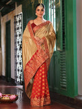 Beige And Red Ethnic Motifs Embroidered Satin Saree