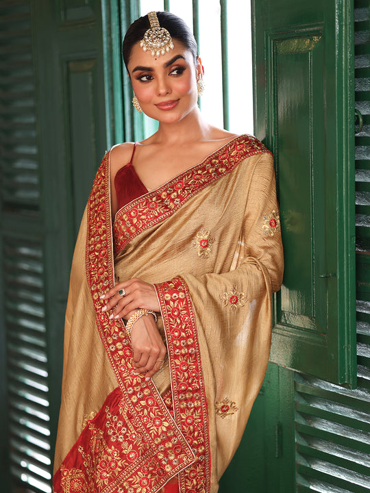 Beige And Red Ethnic Motifs Embroidered Satin Saree