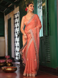 Orange Zari Embroidered Embellished Tissue Saree