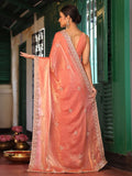 Orange Zari Embroidered Embellished Tissue Saree