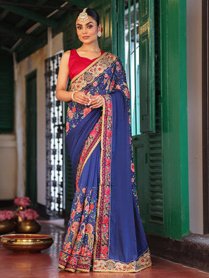 Blue Embroidered Embellished Pure Chiffon Saree