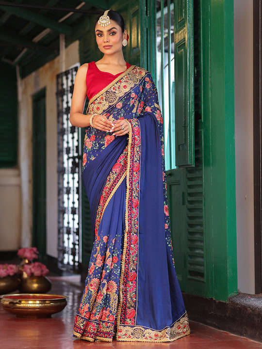 Blue Embroidered Embellished Pure Chiffon Saree