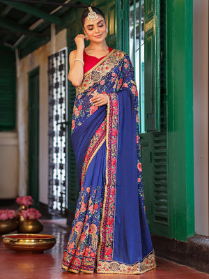 Blue Embroidered Embellished Pure Chiffon Saree