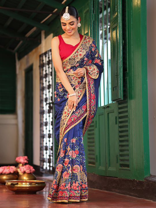 Blue Embroidered Embellished Pure Chiffon Saree