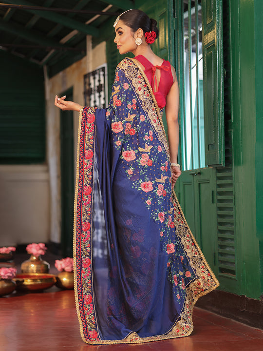 Blue Embroidered Embellished Pure Chiffon Saree