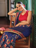 Blue Embroidered Embellished Pure Chiffon Saree