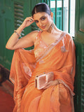 Orange Ethnic Motifs Embroidered Tissue Saree