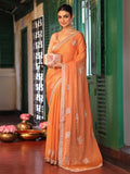 Orange Ethnic Motifs Embroidered Tissue Saree