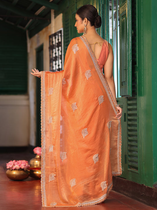 Orange Ethnic Motifs Embroidered Tissue Saree