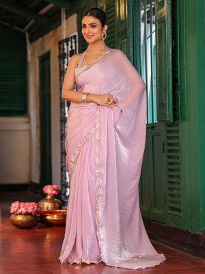 Pink Solid Embellished Sequinned  Lace Tissue Saree
