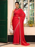 Red Embellished Beads & Stones Zari Tissue Saree