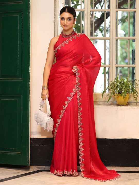Red Embellished Beads & Stones Zari Tissue Saree