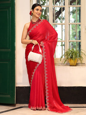 Red Embellished Beads & Stones Zari Tissue Saree