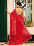 Red Embellished Beads & Stones Zari Tissue Saree