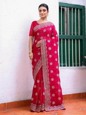Hot Pink Embroidered Embellished Chiffon Saree
