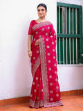Hot Pink Embroidered Embellished Chiffon Saree