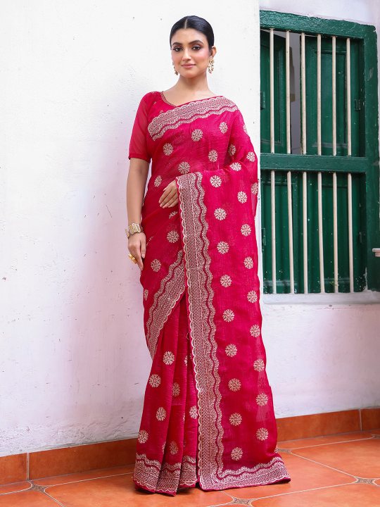 Hot Pink Embroidered Embellished Chiffon Saree