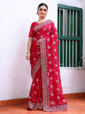 Hot Pink Embroidered Embellished Chiffon Saree