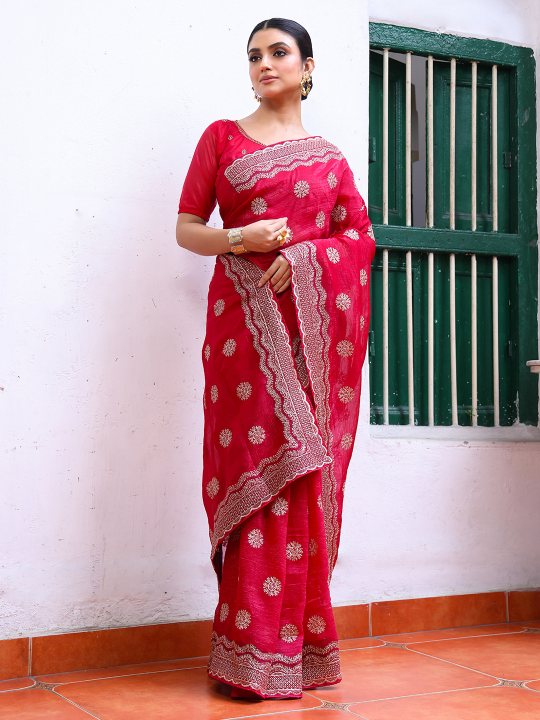 Hot Pink Embroidered Embellished Chiffon Saree
