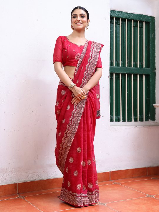 Hot Pink Embroidered Embellished Chiffon Saree