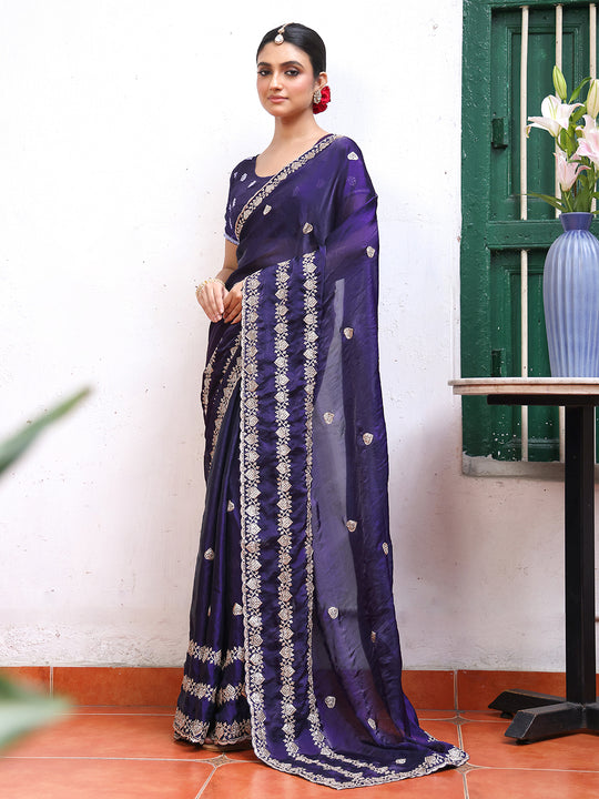 Violet Ethnic Motifs Embroidered Tissue Saree