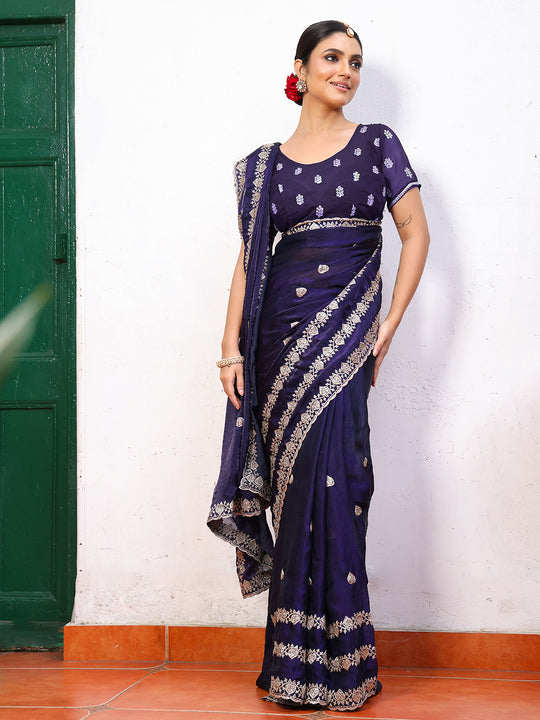 Violet Ethnic Motifs Embroidered Tissue Saree