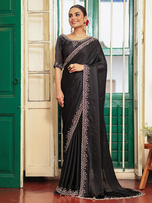 Black Beads And Stones Saree With Blouse Piece