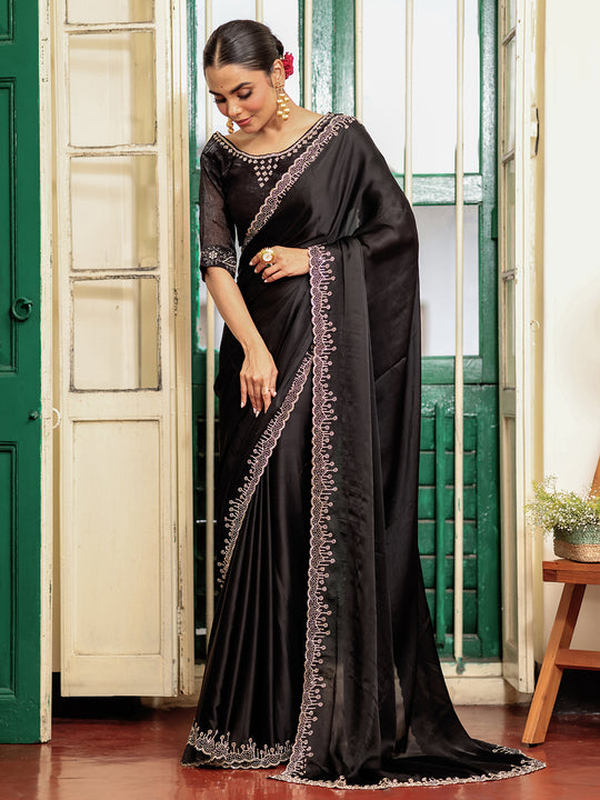 Black Beads And Stones Saree With Blouse Piece