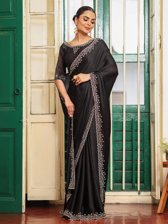 Black Beads And Stones Saree With Blouse Piece