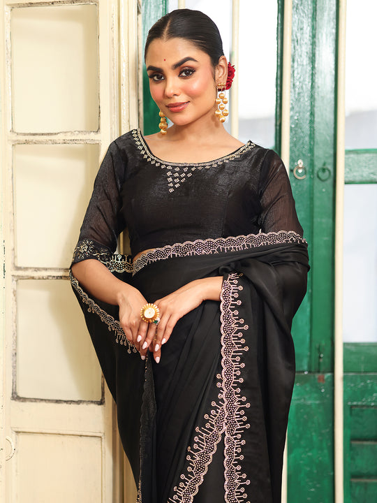 Black Beads And Stones Saree With Blouse Piece