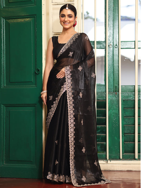 Black Embroidered Embellished Organza Saree