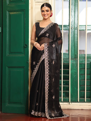 Black Embroidered Embellished Organza Saree