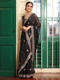 Black Embroidered Embellished Organza Saree