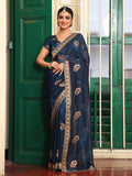 Teal Ethnic Motifs Embroidered Zari Pure Chiffon Saree
