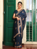 Teal Ethnic Motifs Embroidered Zari Pure Chiffon Saree