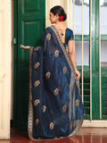 Teal Ethnic Motifs Embroidered Zari Pure Chiffon Saree