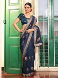 Teal Ethnic Motifs Embroidered Zari Pure Chiffon Saree